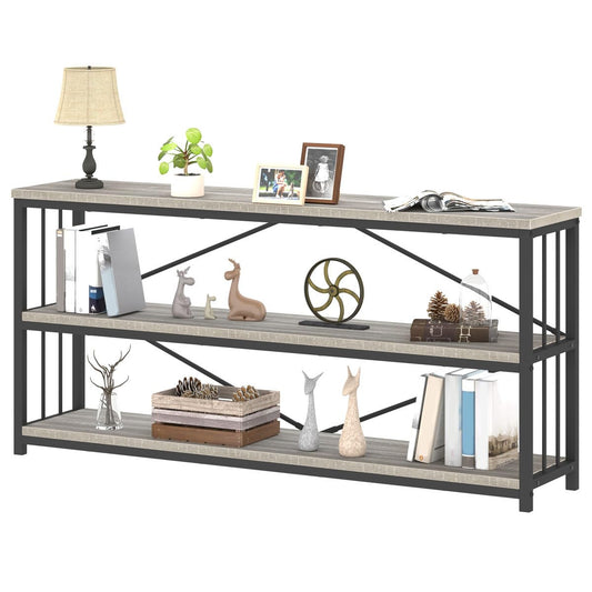 IBF Low Long Horizontal Bookshelf, Industrial Modern 3 Tier Etagere Bookcase, Large Wide Open Rustic Metal and Wood Grey Book Shelf for Bedroom