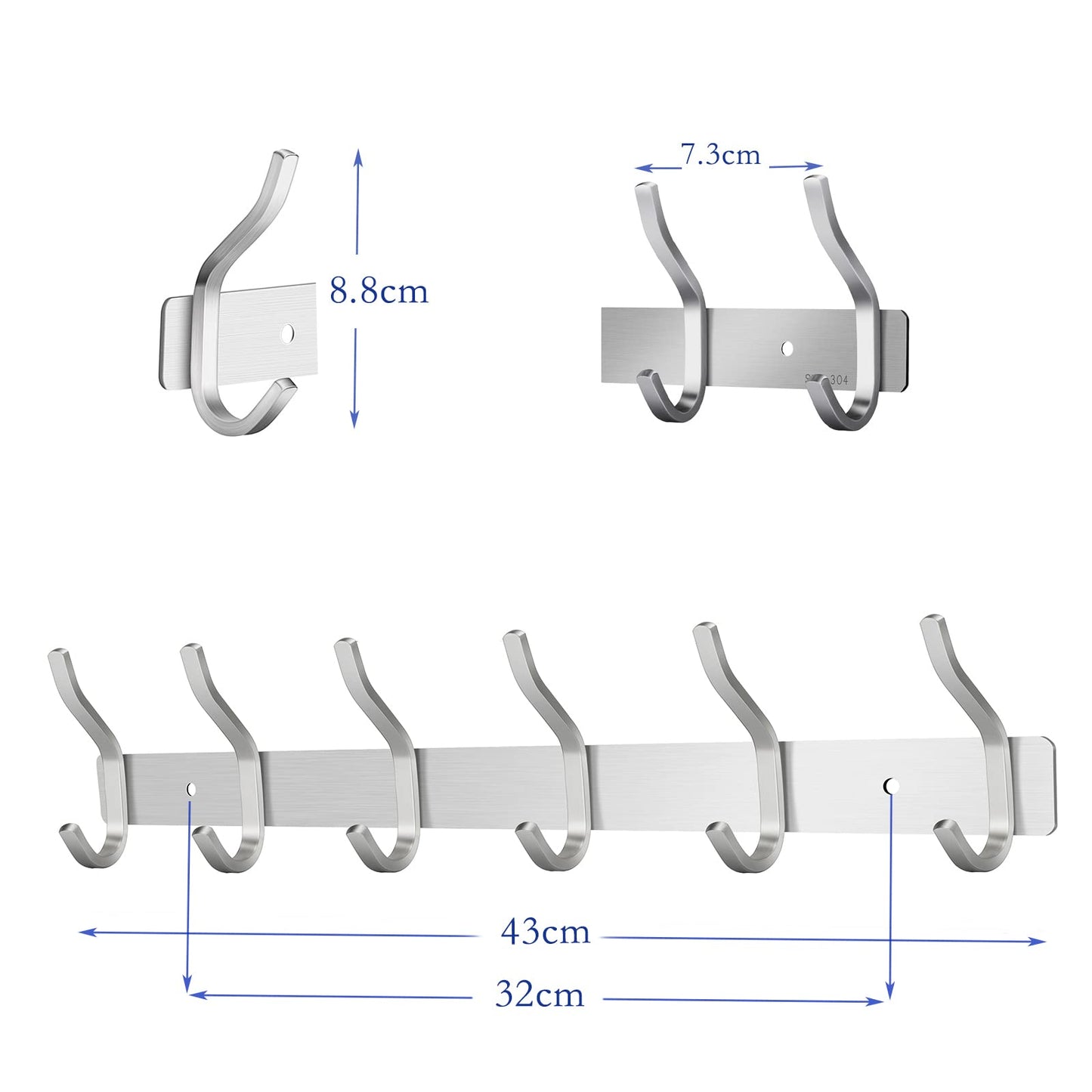 MEIJO Coat Hooks Wall Mounted, Coat Rack Wall Mounted Stainless Steel with 6 Hooks Heavy Duty Coat Hooks for Door, Bedroom, Bathroom, Kitchen