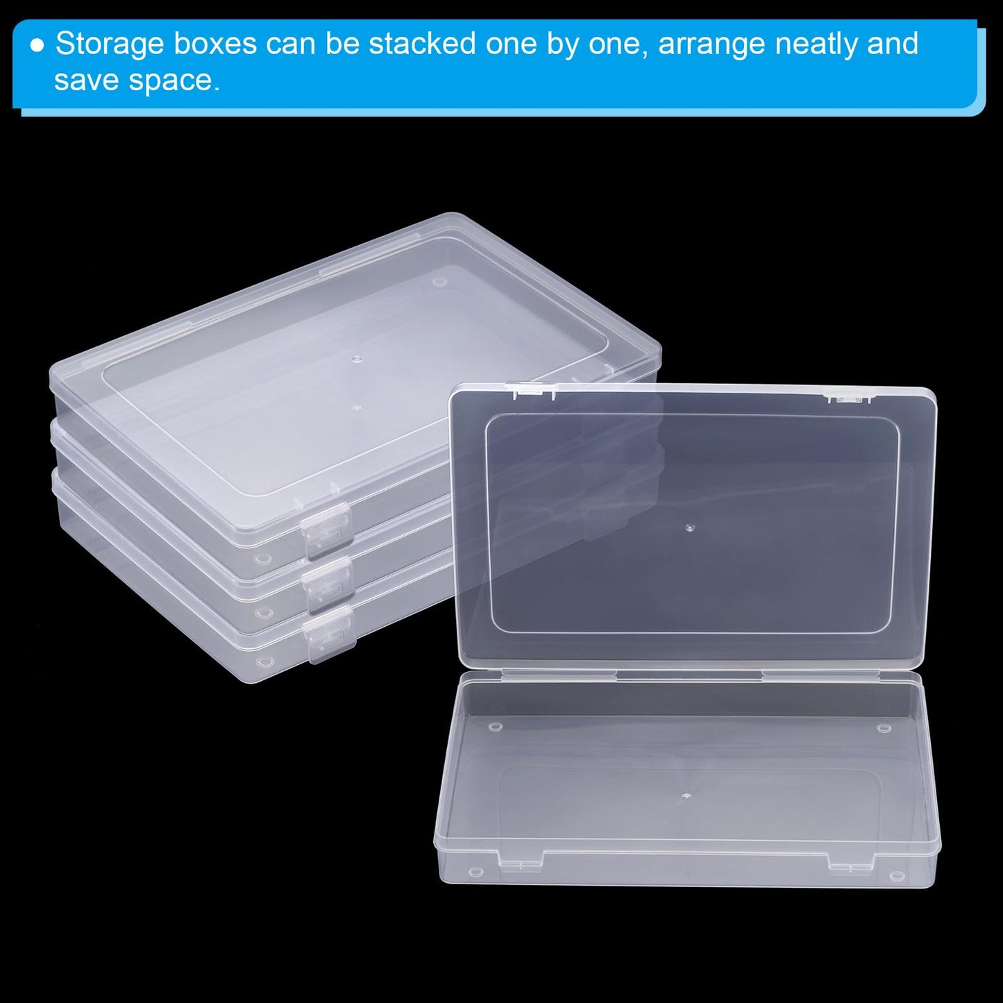 PATIKIL 9x6x1.2inch Clear Storage Box with Hinged Lid, 4Pack Plastic Stackable Rectangle Organizer Container for Beads Jewelry Small Items Art Craft