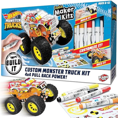BLADEZ Hot Wheels Toyz Make Your Own Monster Truck - Art Set For Kids 6-12 with Markers & Stunt Ramp - Hotwheels Kit for Play - Kids Colouring Sets & STEM Learning - Customizable & Eco-Friendly