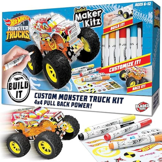 BLADEZ Hot Wheels Toyz Make Your Own Monster Truck - Art Set For Kids 6-12 with Markers & Stunt Ramp - Hotwheels Kit for Play - Kids Colouring Sets & STEM Learning - Customizable & Eco-Friendly