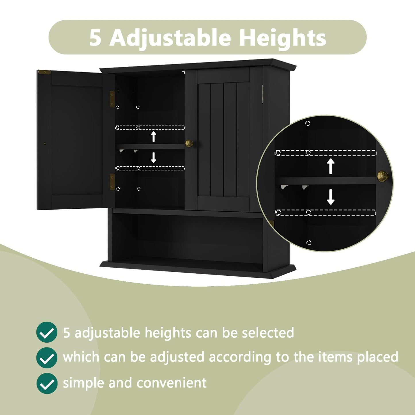 Smuxee Black Bathroom Cabinet, 2-Door Wall Mounted Medicine Cabinet with 5 Adjustable Shelves, 21.5L x 7.8W x 23.6H in., Bathroom Storage