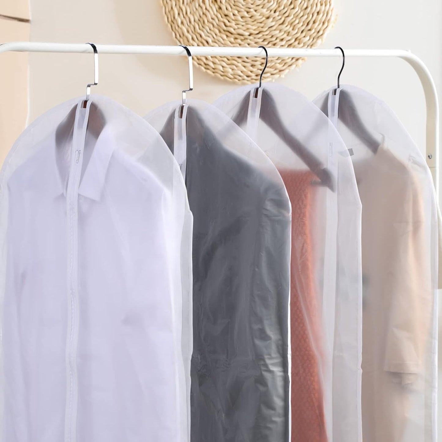 Garment Bags, pack of 5, 60 cm x 140 cm, translucent PEVA Dress bags with zippers, durable Clothes Covers, Reusable Garment Bags for Suits, Dresses