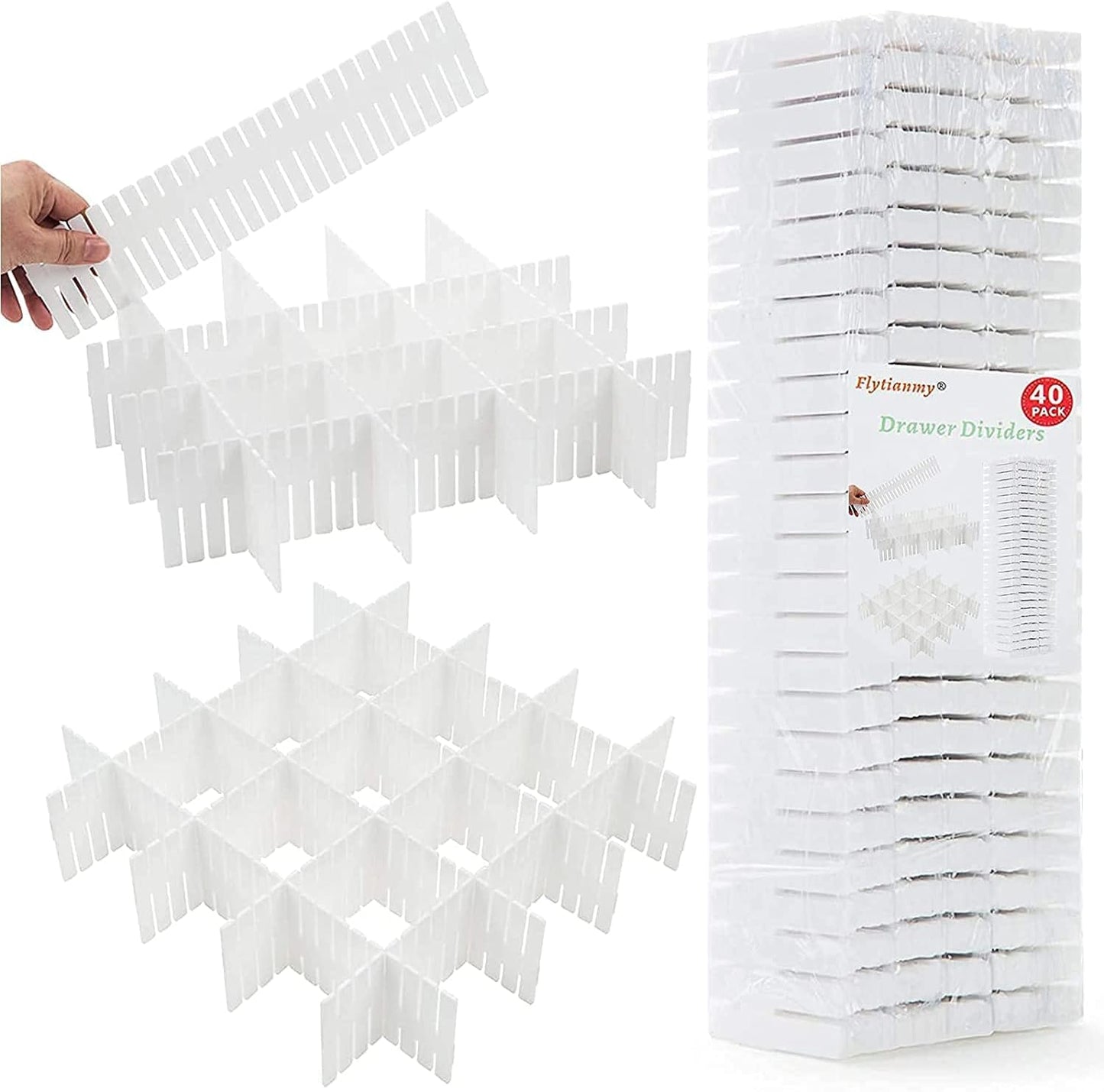 Flytianmy 40Pcs Drawer Dividers, Adjustable Drawer Organizer for Socks, Underwear, Makeup, Can Help Tidy Kitchen, Bedroom, DresserWhite
