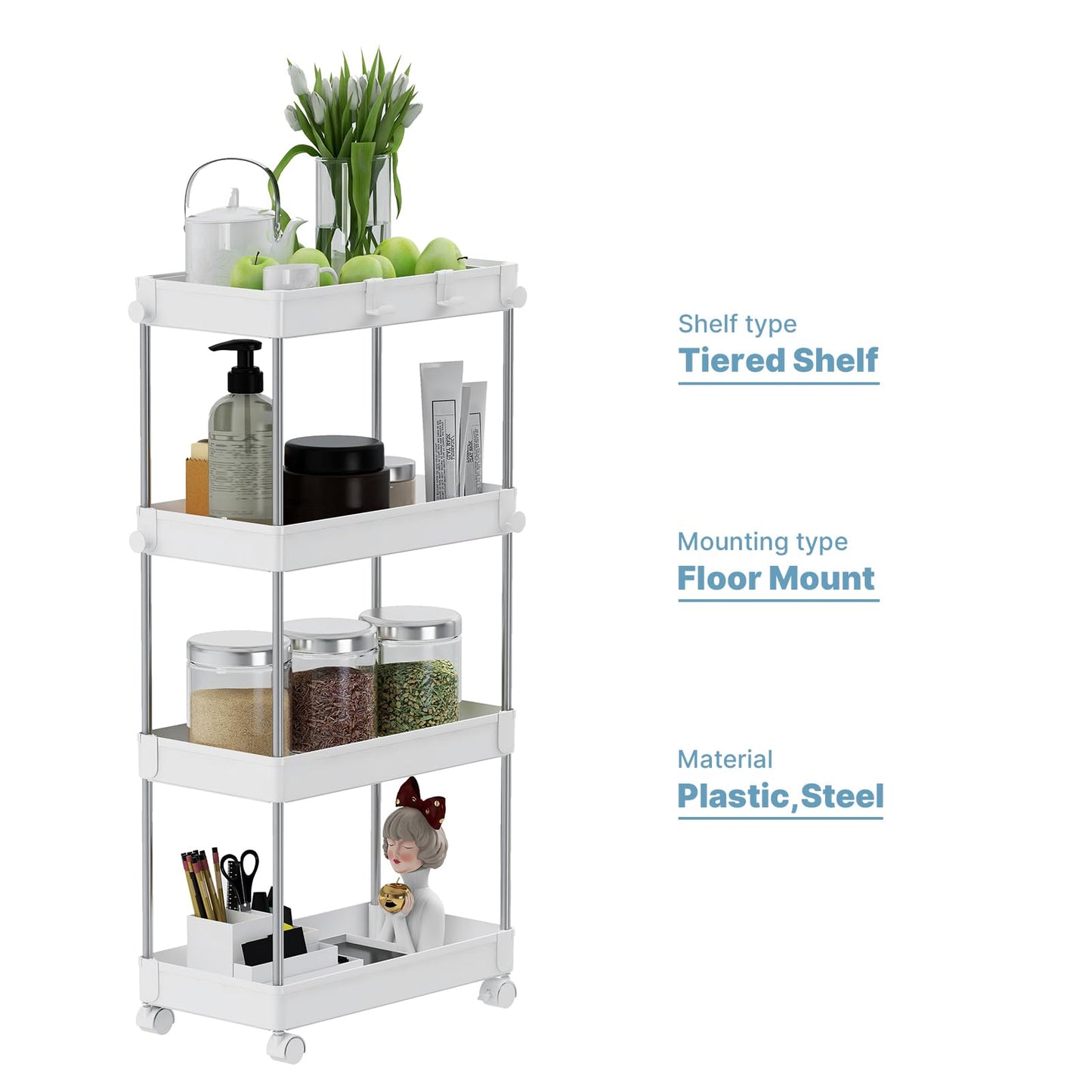 Mondeer Storage Trolley, 4-Tier Storage Rack with Wheels, Multifunctional Suitable for Office Kitchen Bathroom, W22 x D40 x H85cm, White