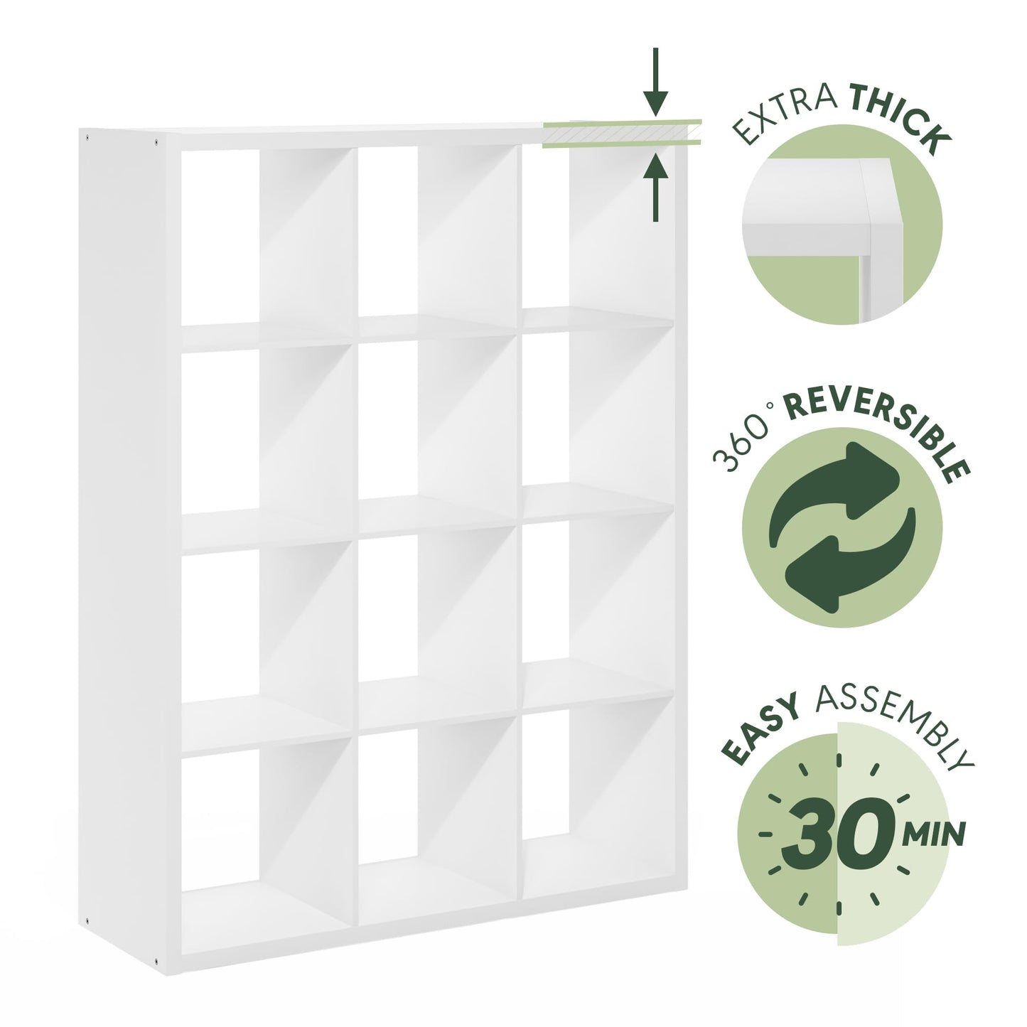 Furinno CUBICLE Book Shelf, 12-Cube Thick Frame Bookshelf, Reversible Bookcase with Open Back, 37.08 x 111.25 x 147.32 cm, for Living Room, Bedroom