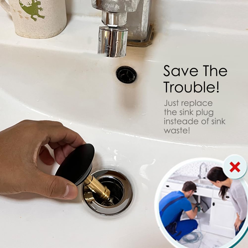 Pop Up Sink Plug Replacement Matt Black, Chonphan Basin Sink Plug Click Clack Sink Plug Sprung Push Plug Stopper Waste Drain Plug for Bathroom Vanity