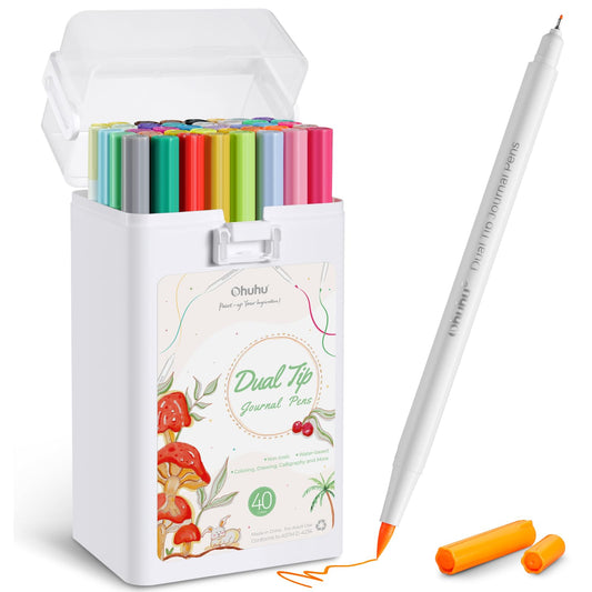 Ohuhu Dual Tip Brush & Fineliner Art Markers - 40 Colours Journaling Pens for Bullet Journals, Calligraphy & Lettering - Water-Based Colouring Markers