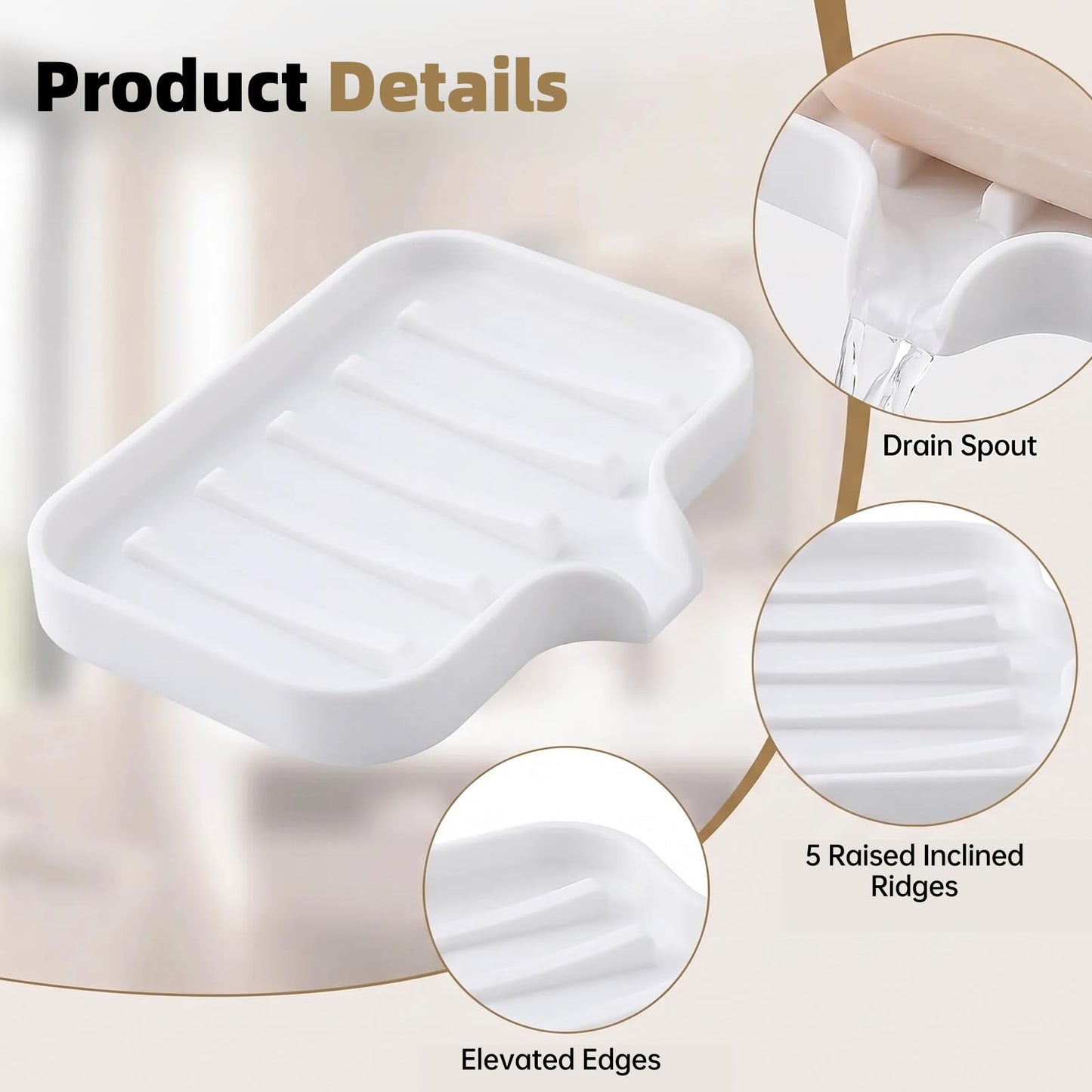 Gurwen 2 Pcs Silicone Soap Dish with Drainage for Bathroom, White