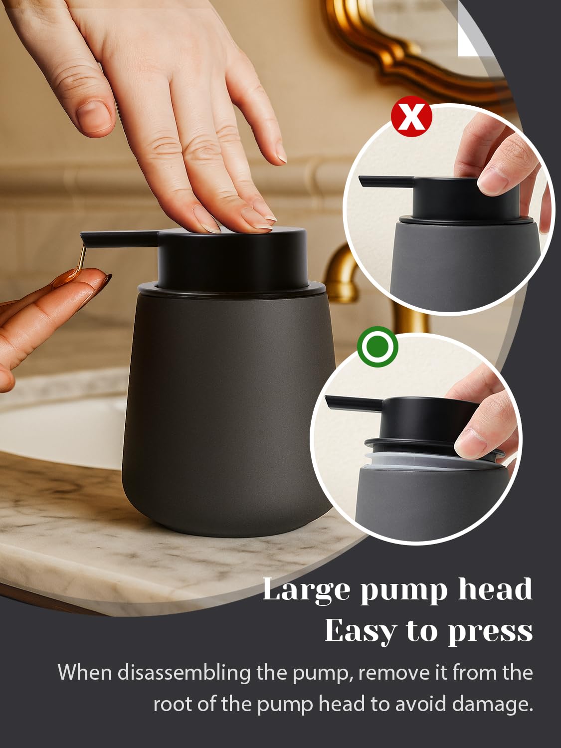 Autumnlife Soap Dispenser Grey Detergent Dispenser, 350 ml Black Porcelain Soap Dispenser with Large Pump Head