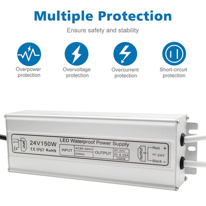 inShareplus LED Power Supply, 24V 150W IP67 Waterproof Outdoor Driver, AC 80-265V to DC 24V 6.25A Low Voltage Transformer, Adapter with 3-Prong Plug