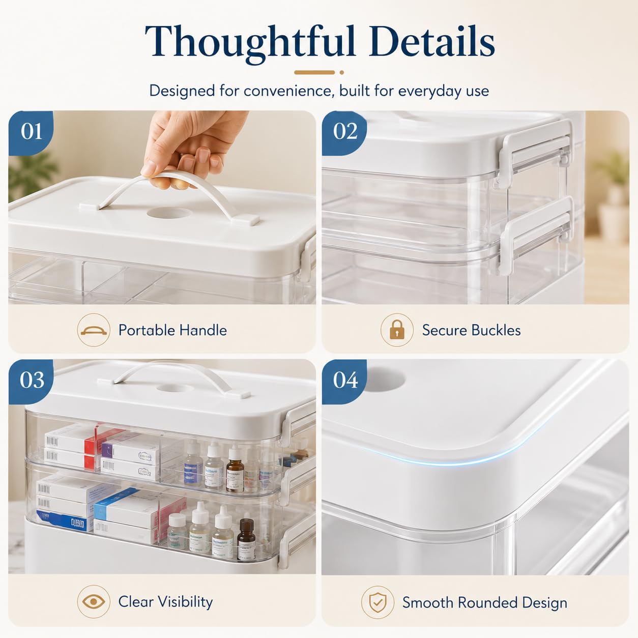 Kryndle Medicine Storage Box, 3 Layer Medicine Box with Compartments