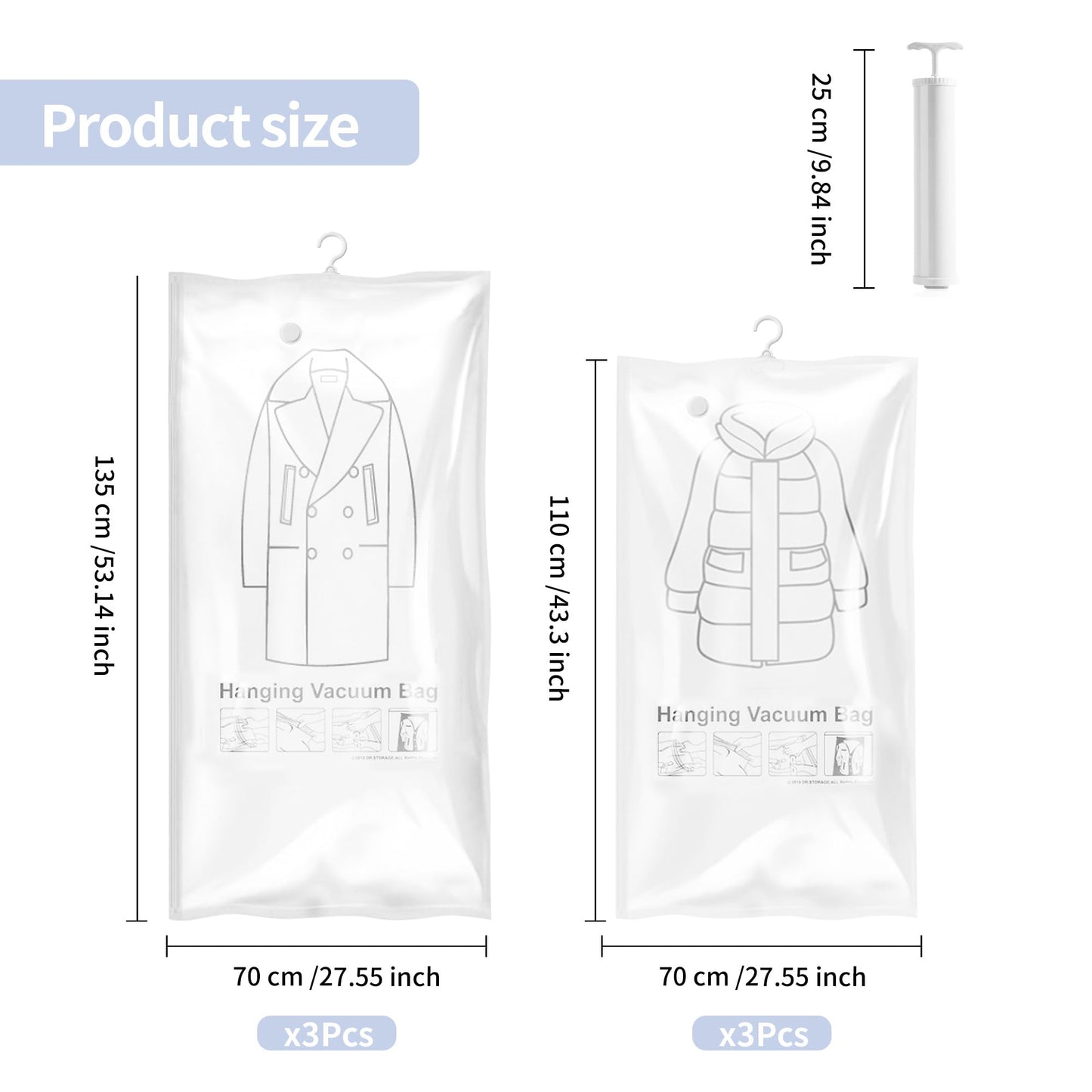 WeeGoo 6 Pack Hanging Vacuum Storage Bags with Pump, Wardrobe Space Saving