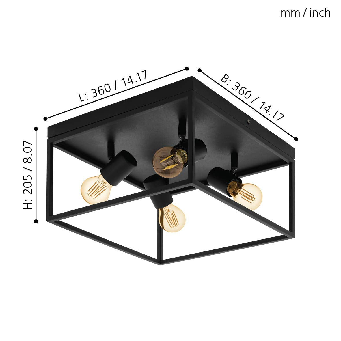 Eglo Silentina 4 Flush Ceiling Light, 4-Flame Industrial Design Living Room, Kitchen or Hallway Lamp, Black Steel Wall Lighting, E27 Socket