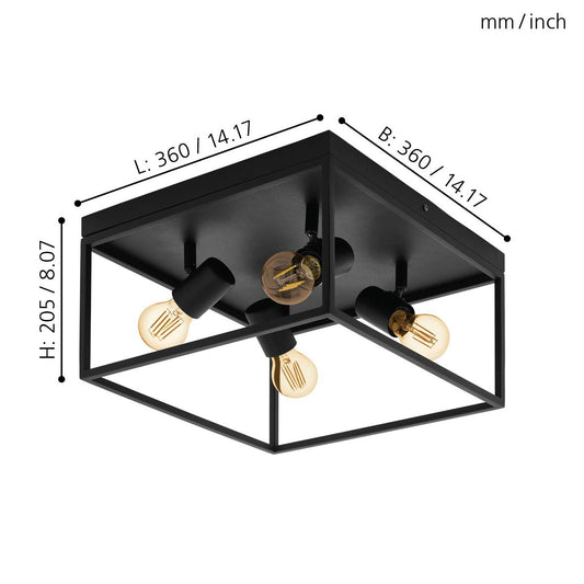 Eglo Silentina 4 Flush Ceiling Light, 4-Flame Industrial Design Living Room, Kitchen or Hallway Lamp, Black Steel Wall Lighting, E27 Socket