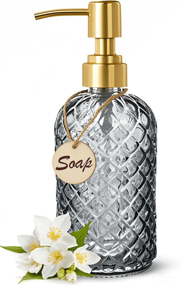Bingobang Glass Soap Dispenser with Hand Gold Pump 470ml, Grey
