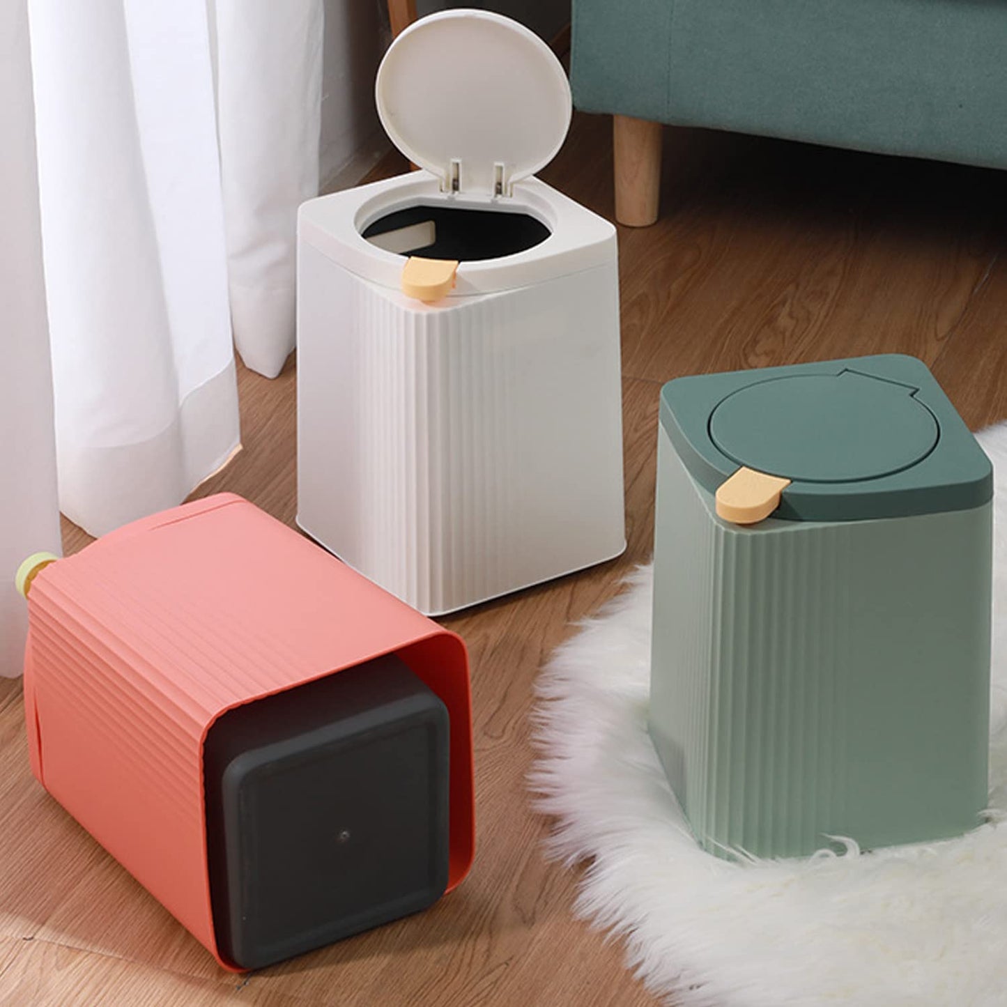 Zhongren Small Waste Paper Bin with Push Lid Kitchen Bathroom Living Bins Recycling Square Office Wastebasket Dustbin Home Bedroom Trash Can Garbage