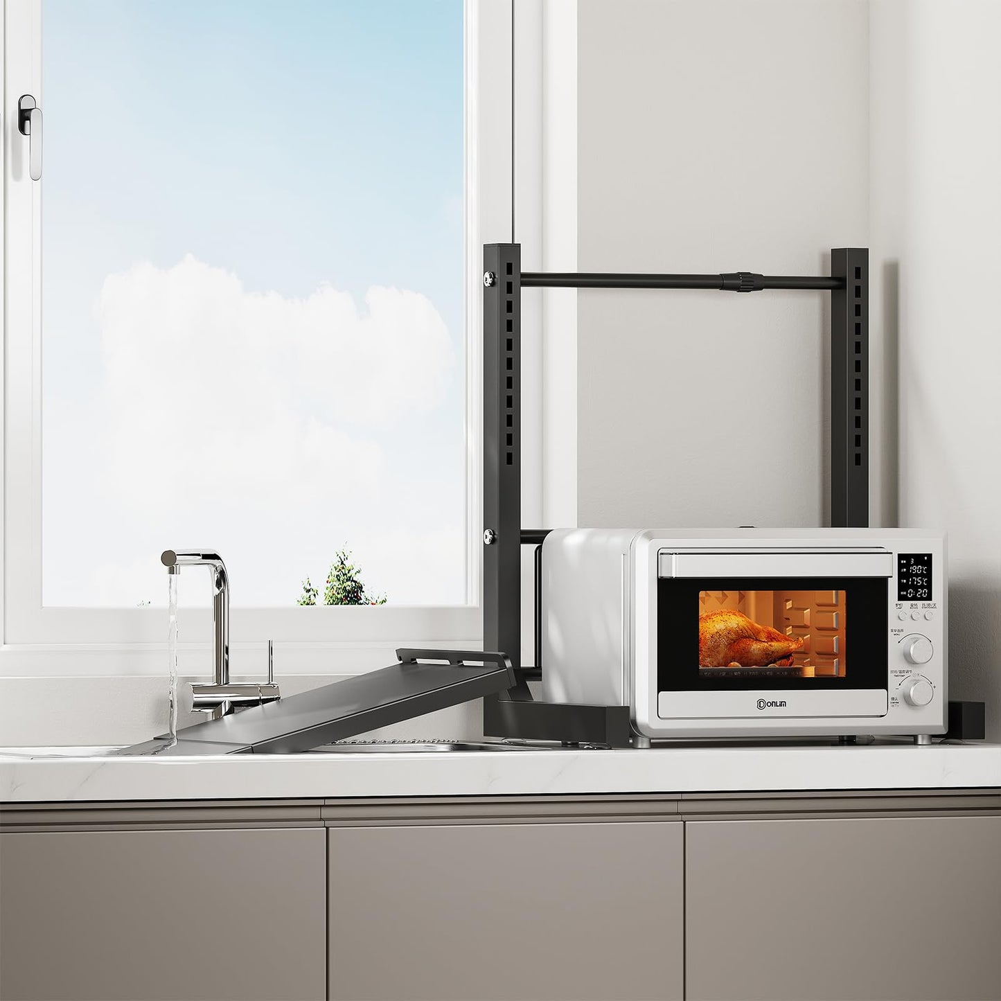 ABCOOL Retractable Adjustable 2 Axial Kitchen Baker Microwave Oven Rack, Expandable and Height Adjustable Carbon Steel Shelf Counter Countertop with
