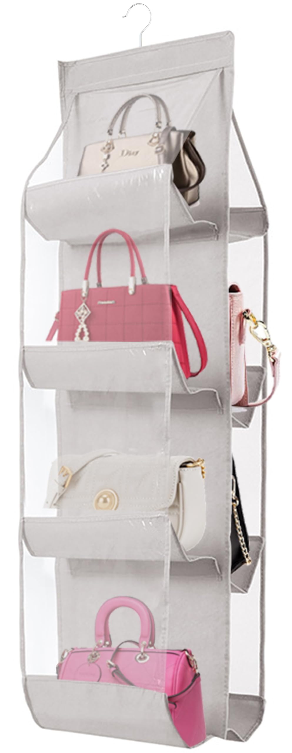 AARAINBOW Hanging Purse Organizer, 8 Pockets, Women Handbag Holder, Hanging Closet Bag Organizer, 44.5L x 13.5W, C-Light Gray