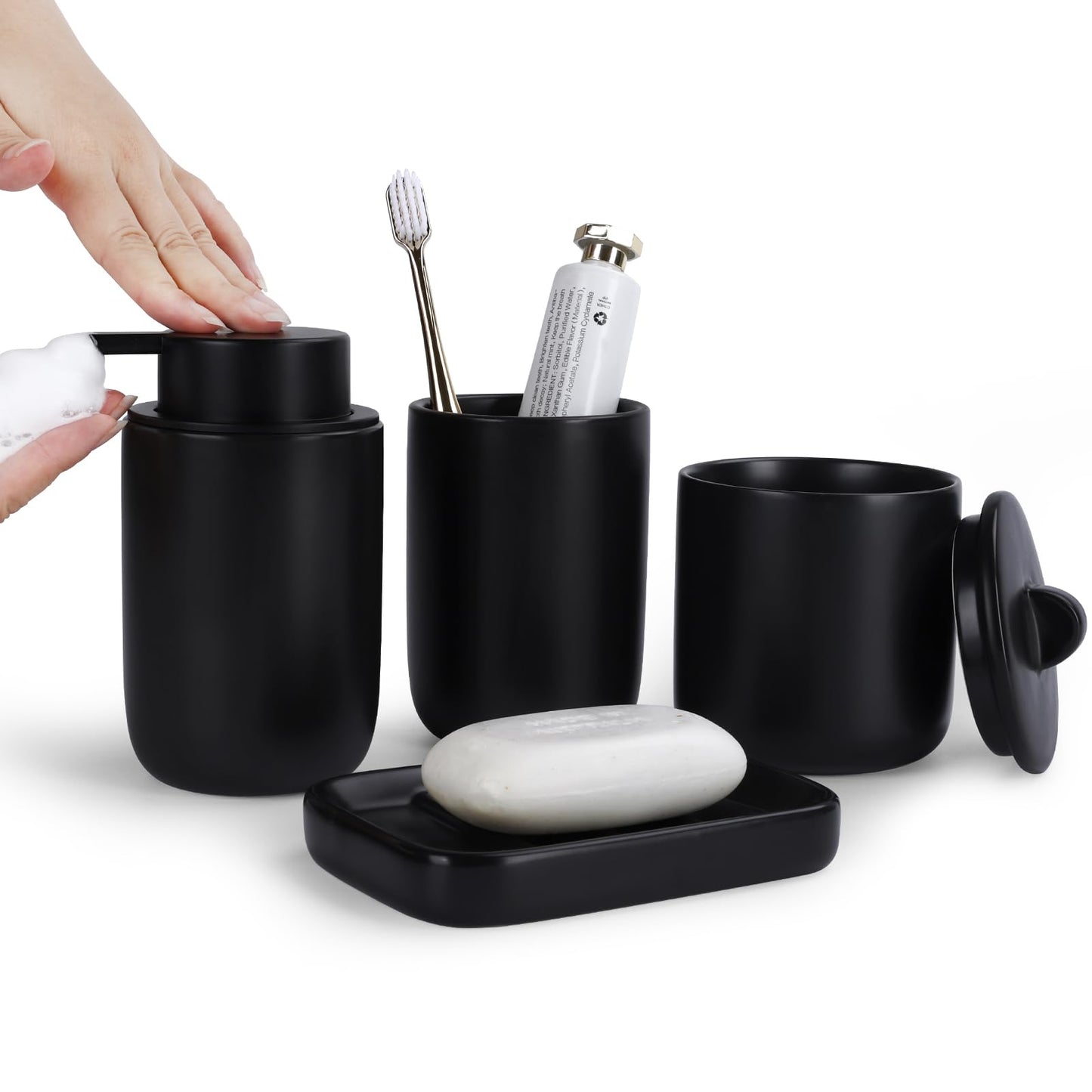 BosilunLife 4 pcs Ceramic Bathroom Accessories Set - Black Bathroom Counter Soap Set, Foam Dispenser, Soap Dish, Toothbrush Holder/Tumbler