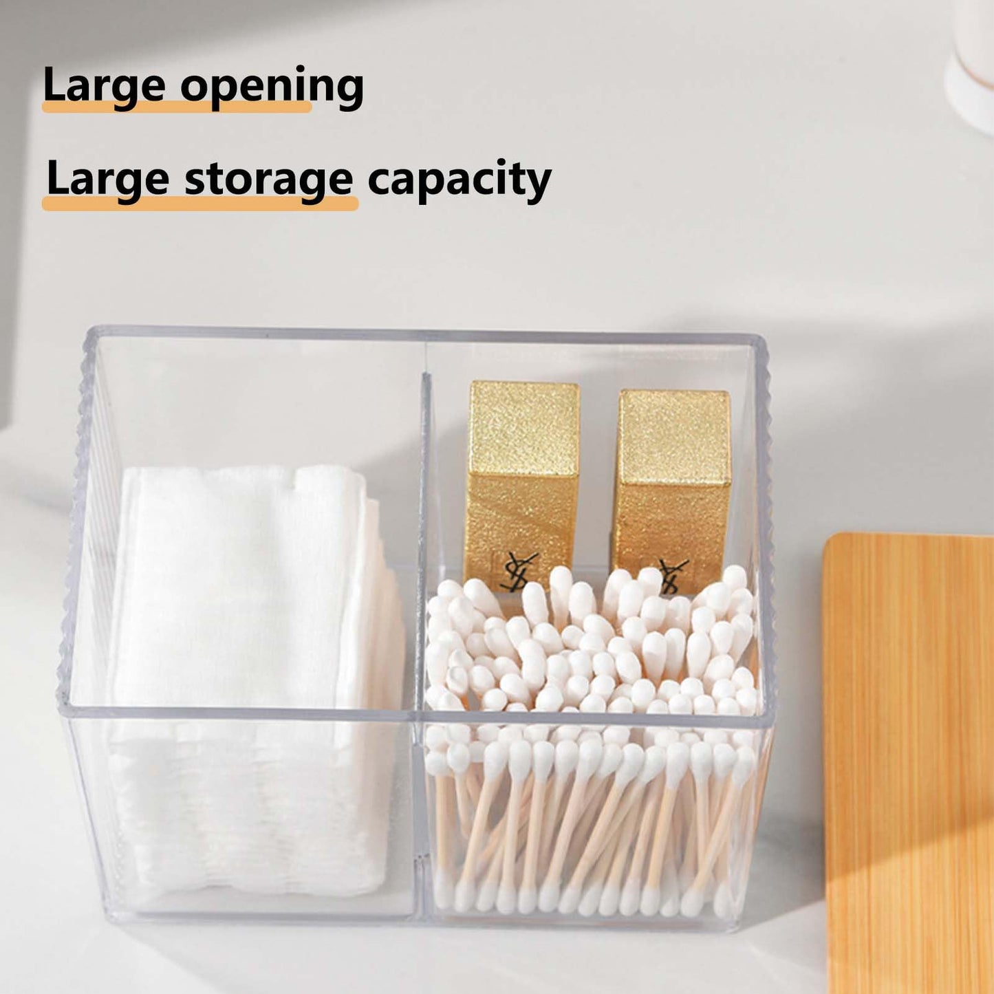 SVOCK Clear Acrylic Cotton Wool Holder 3 Compartment Cotton Bud Holder with Wood Lid, Qtips Holder Dispenser Bathroom Jars with Lid
