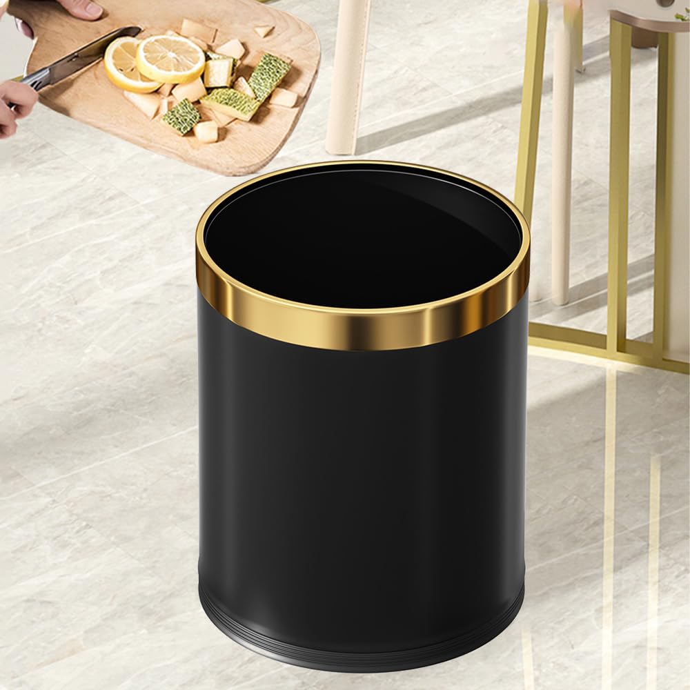 LEASYLIFE 10L/2.6GAL stainless steel trash bin,open top office wastebasket,small waste bin for office,bathroom,bedroom,hotel black