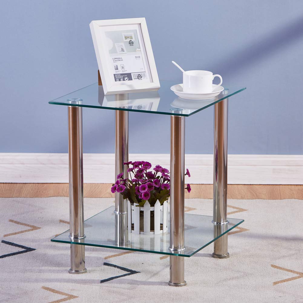 GOLDFAN 2-Tier Small Glass Coffee Table Corner Side End Table with Clear Glass and Stainless Steel Legs Living Room, Transparent (Two tables)