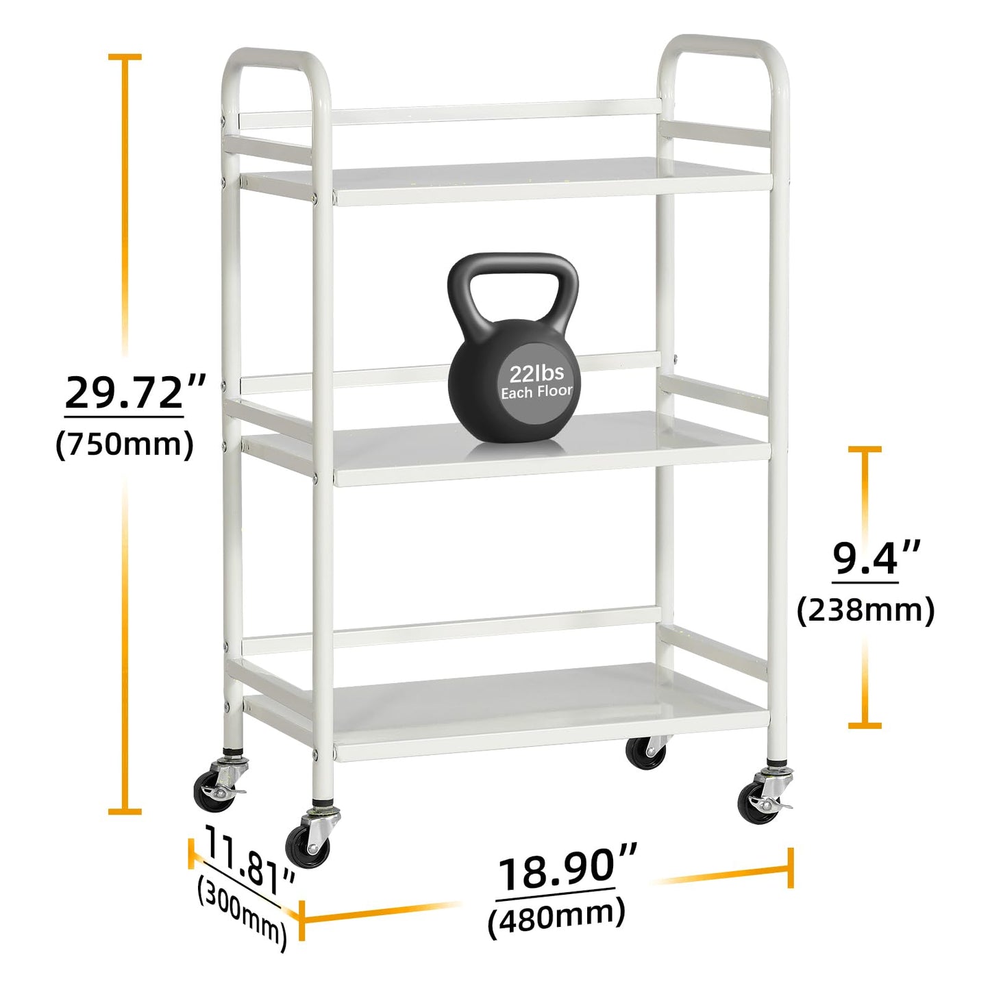HDANI 3-Tier Rolling Cart,Kitchen Storage Trolley Car,Metal Utility Shelves with 2 Lockable Wheels for Home,Office,Bathroom,Bedroom