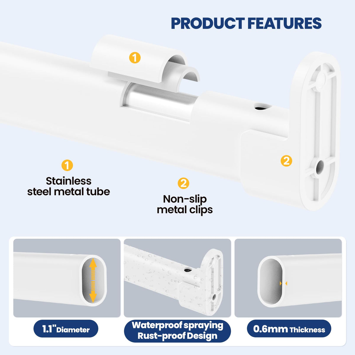 Wardrobe Rail Pole,Clothes Rail 42-101CM Adjustable Stainless SteelWhite