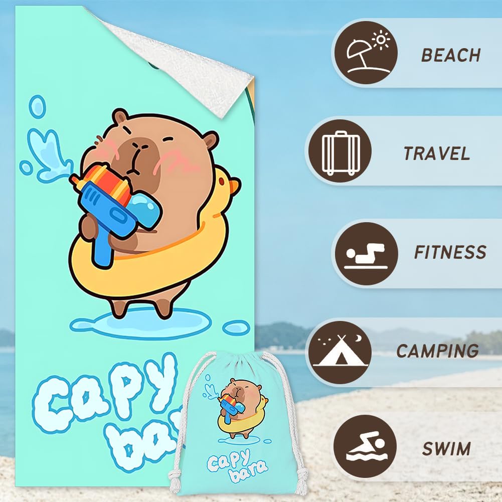 Microfiber Capybara Beach Towel Sand Free Absorbent Extra Large Travel Towels for Adults Kids Microfibre Towels for Adults with Drawstring Bag 2in1