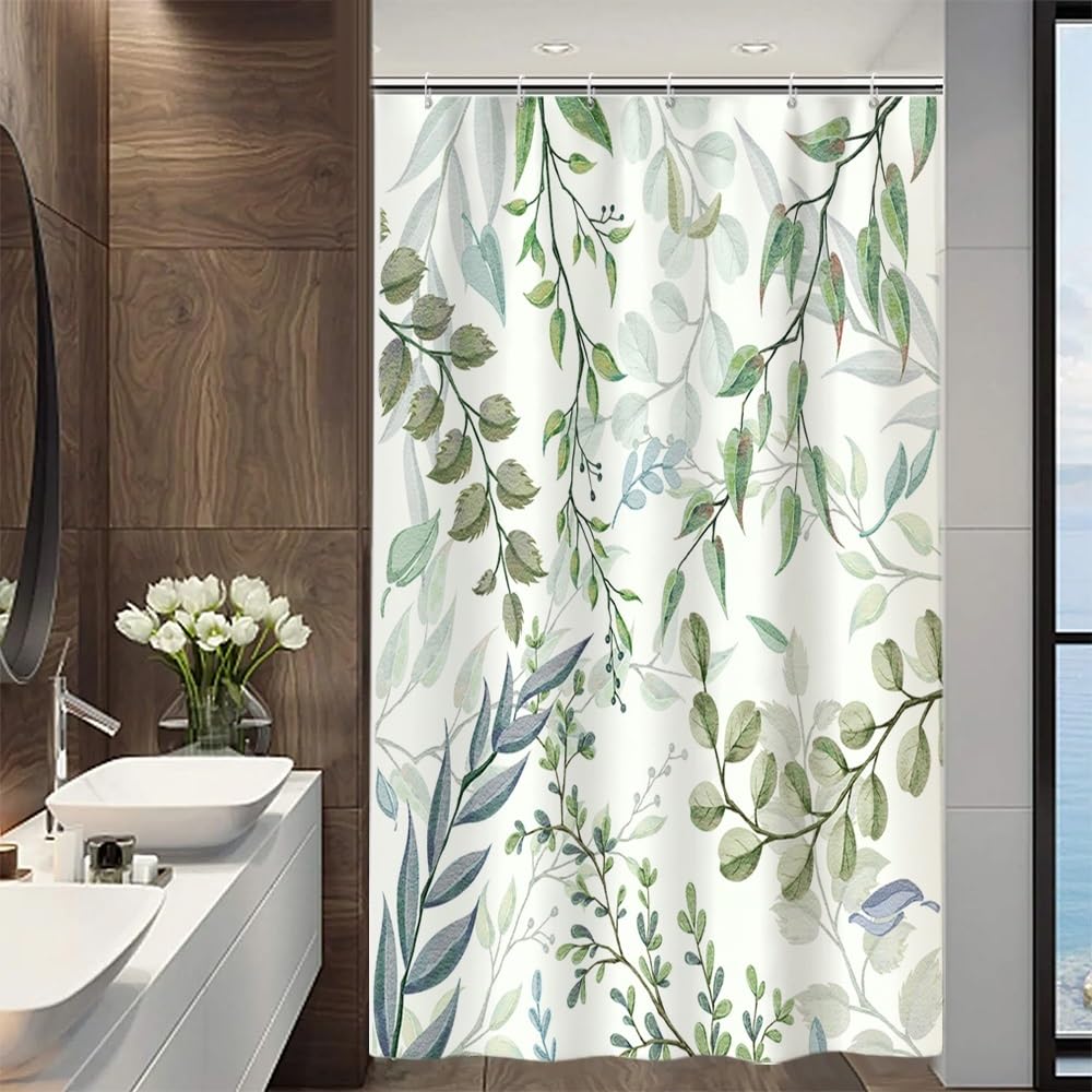 Uiiooazy Eucalyptus Shower Curtain, Green Blue Leaves Pattern Bath Curtain Mildew and Mould Resistant Waterproof Polyester Fabric Washable Opaque