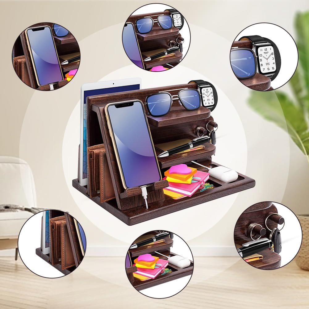 AliveByte Men's Bedside Organiser - Wooden Phone Docking Station & Table Organiser - Brown - 3 Levels - Easy Assembly - Gift for Him
