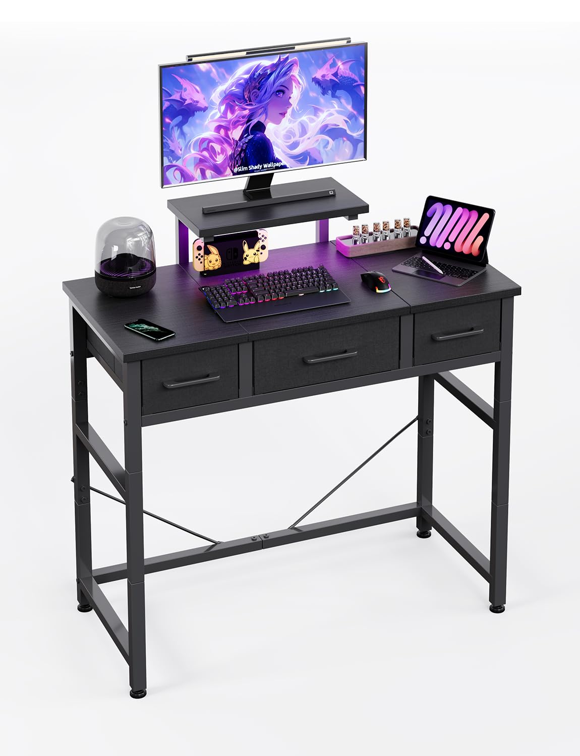 KitMent Small Desk with 3 Fabric Drawers, Small Computer Desk with Adjustable Monitor Stand and Hook, 76x36cm Table for Makeup Vanity
