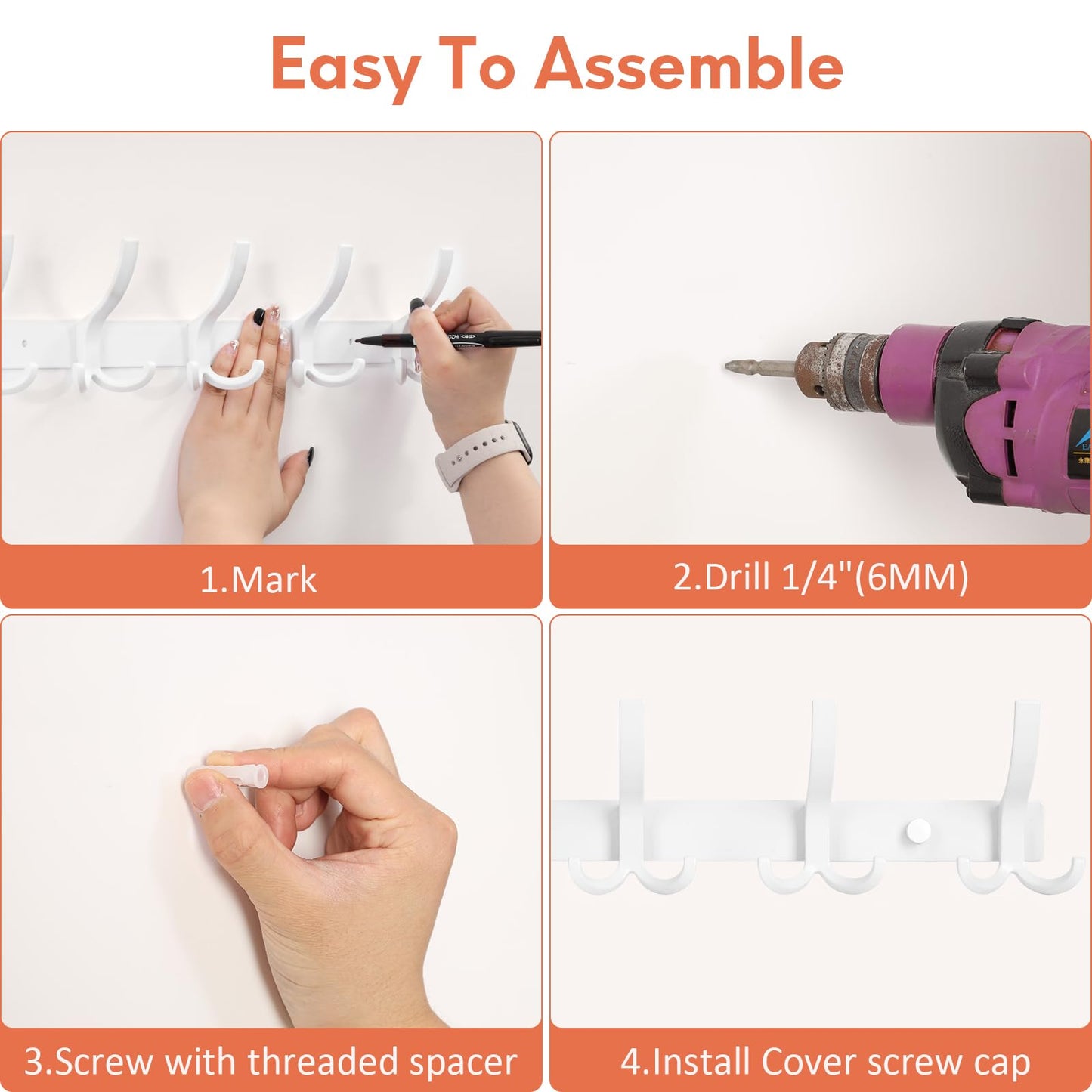 Optish Coat Hooks Wall Mounted, 2 Pack Coat Rack Wall Mount with 15 Hooks, White Wall Coat Hooks for Jackets, Hats, Bags, for Entryway, Bedroom