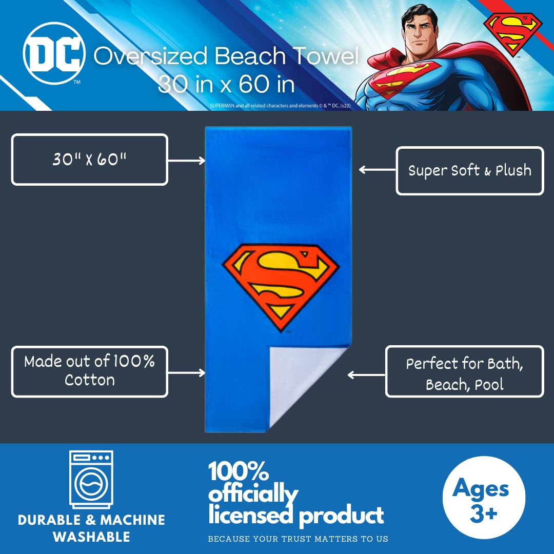 Franco Collectibles Superman Super Soft Cotton Bath/Pool/Beach Towel, 60 in x 30 in, (Official) WB Product