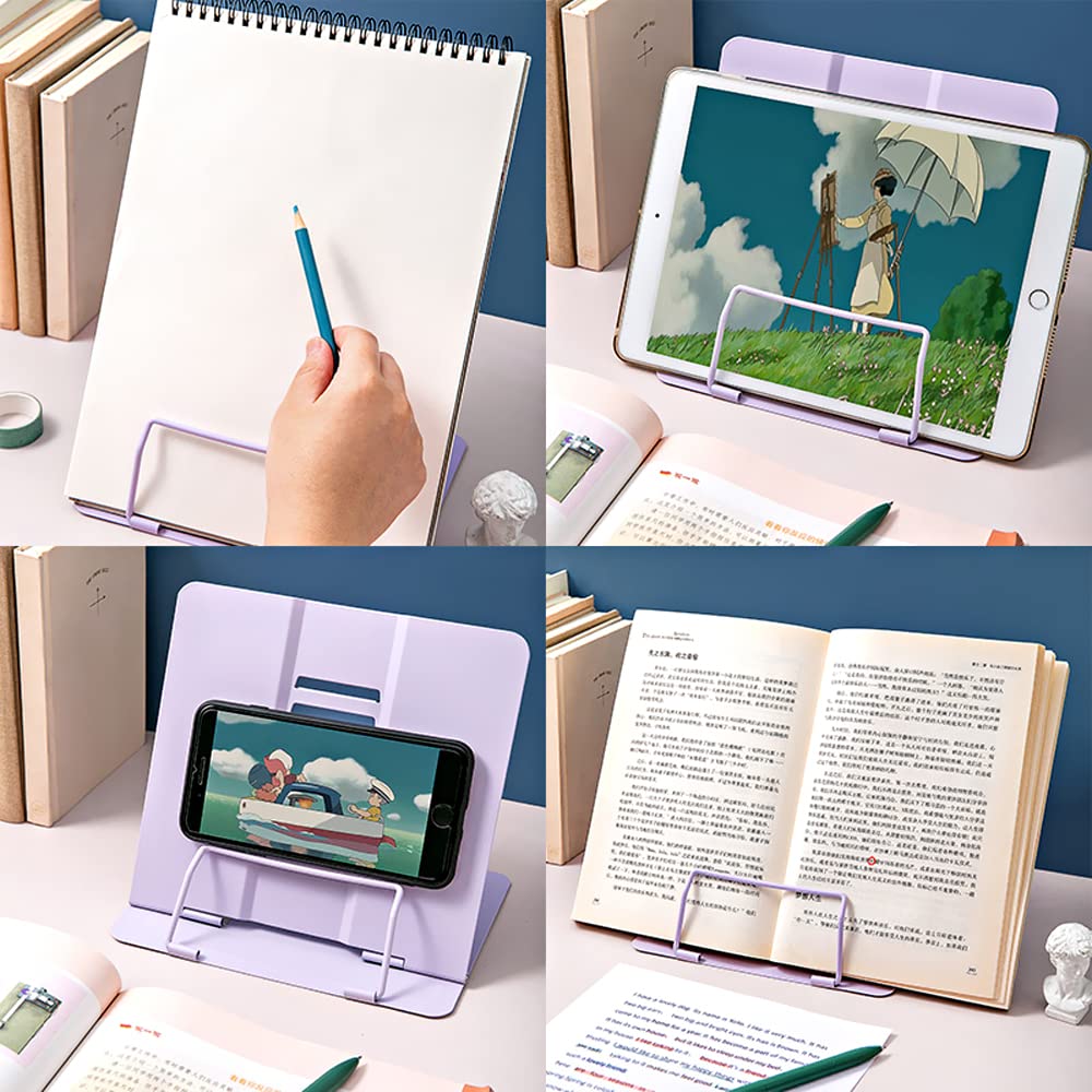 Book Stand, Multifunctional Metal Book Holder for Reading (Purple)