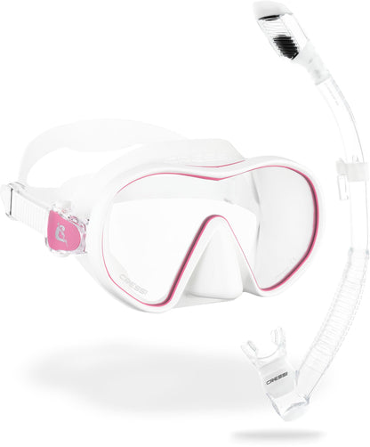 CRESSI F-Dual + Supernova Dry Combo - Unisex Diving Mask F-Dual rimless and Dry Snorkel for Snorkelling and Scuba Diving, Colour White Pink/Clear