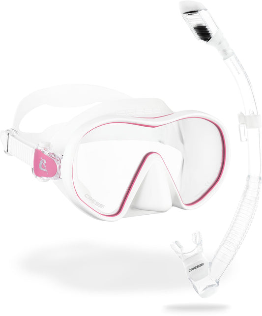 CRESSI F-Dual + Supernova Dry Combo - Unisex Diving Mask F-Dual rimless and Dry Snorkel for Snorkelling and Scuba Diving, Colour White Pink/Clear