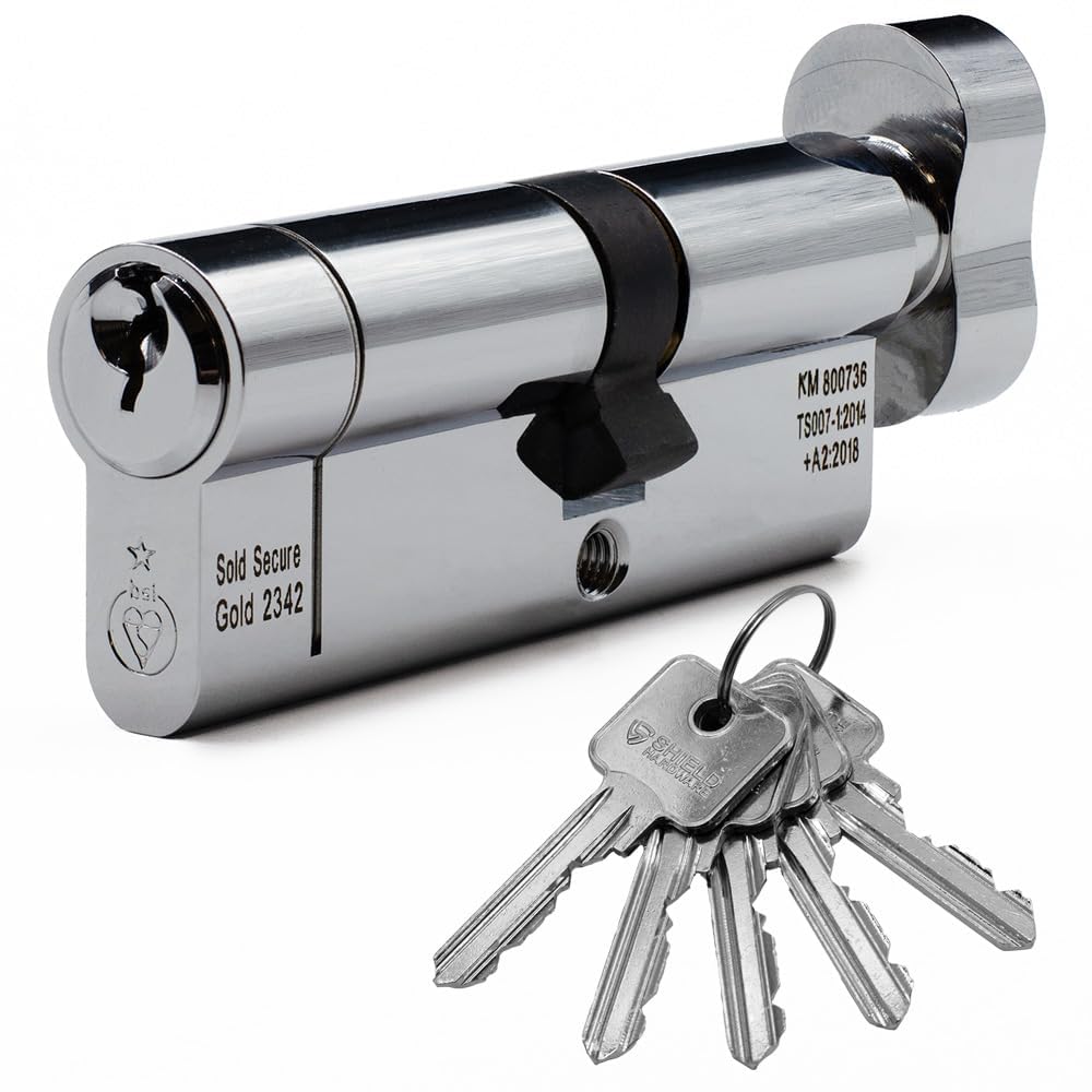 Euro Cylinder Door Lock Thumb Turn Chrome - BSI TS007 Sold Secure Gold Anti-Snap - Includes 5 Keys 45T/50
