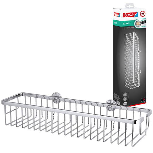 tesa Aluxx Wide Shower Storage Basket, high Gloss Chromed Aluminum, self-Adhesive, Adhesive mounting Technology, 92mm x 450mm x 125mm