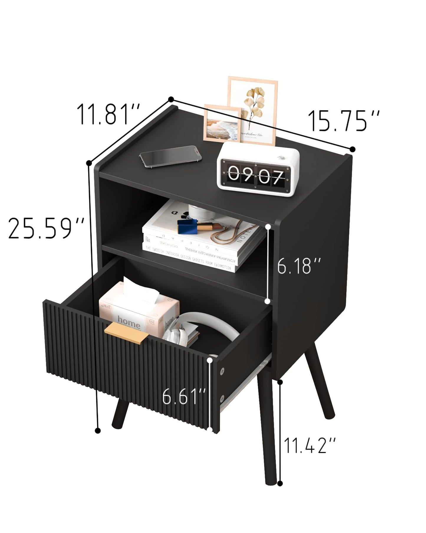 JERX Modern Bedside Table with Storage Drawer and Open Wood Shelf Nightstand for Living Room, Bedroom and Small Spaces