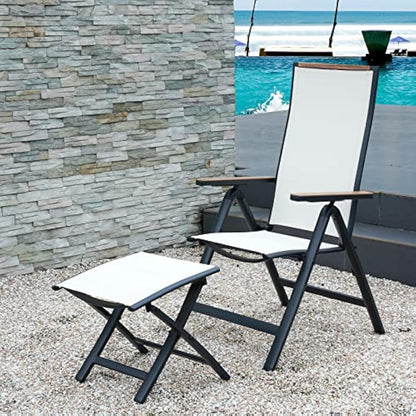 Grand patio folding chair, Aluminium garden chairs set of 2 with Armrest & Mesh breathable Seat, Adjustable 6 Position High Backrest, foldable dining chair for Outdoor, Garden, Dining room White