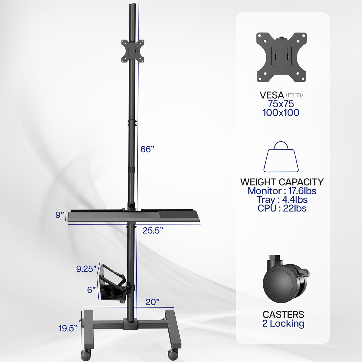 VIVO Black Computer Mobile Cart Rolling Stand | Adjustable Monitor Mount 32" Case Holder & Keyboard Tray Moving Workstation CART-PC02T