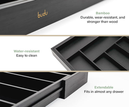 budu Cutlery Tray #50 (Depth 50 cm) Made of Bamboo - Black - Drawer Organiser System for the Kitchen - Cutlery Tray for Bamboo Drawers - Extendable -
