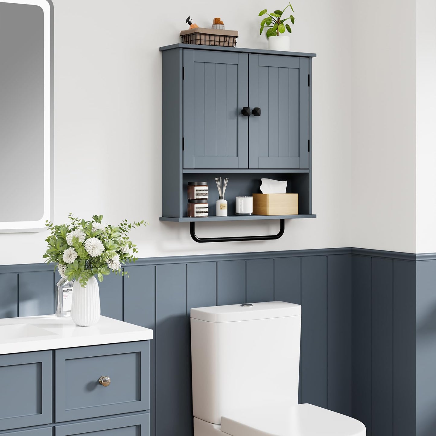 RRX Bathroom Cabinet Wall Mounted Medicine Cabinets with Towels Bar (Gray)