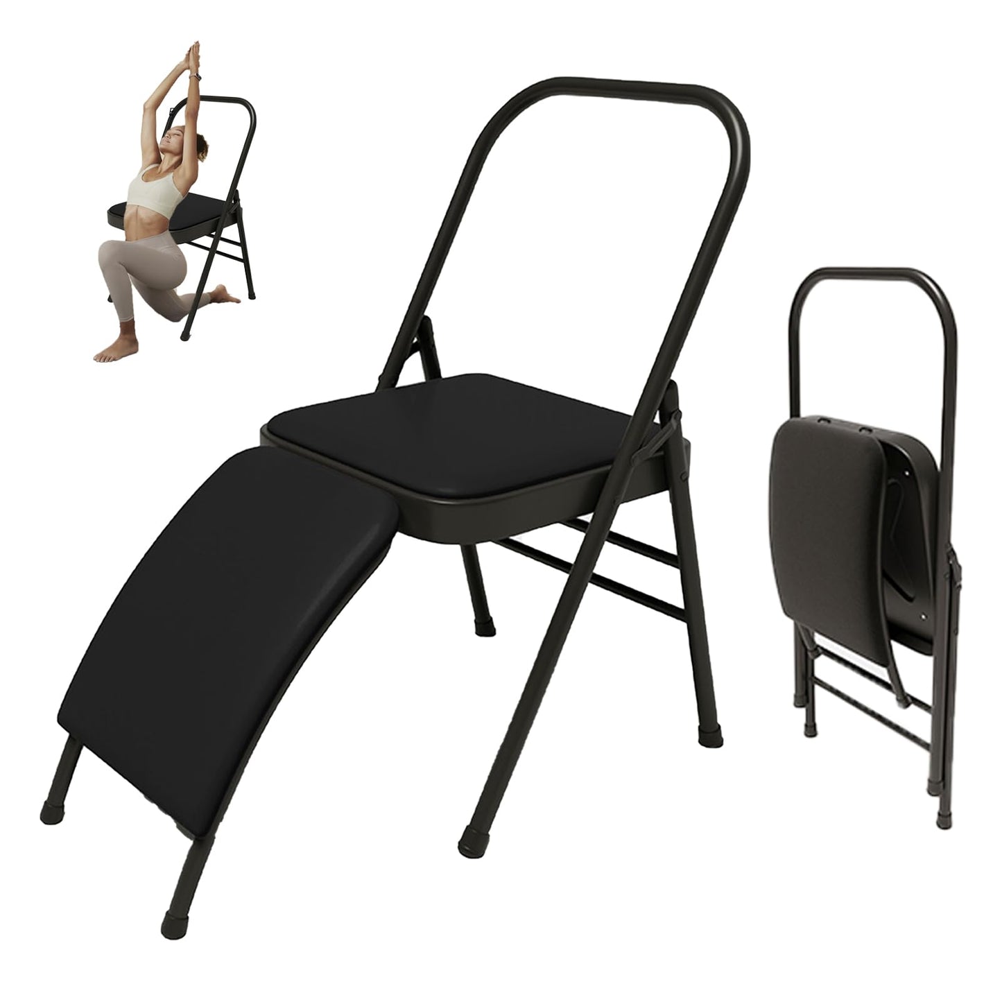 YUZINO Folding Chair Yoga Auxiliary Chair, PU Leather Padded Seat with Waist Support & Metal Steel Frame