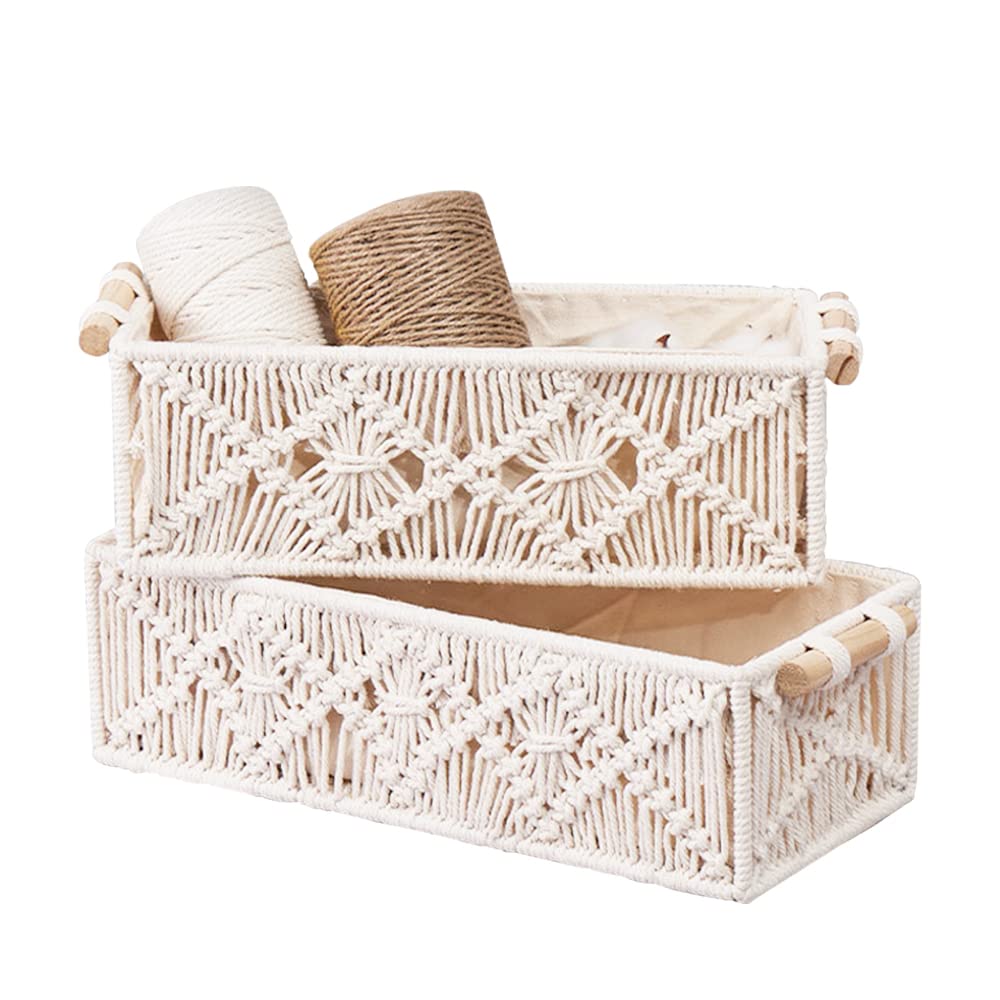 2Pcs Macrame Storage Baskets with Wooden Handles, BOJVESH White Boho Bathroom Decor Woven Baskets for Shelves