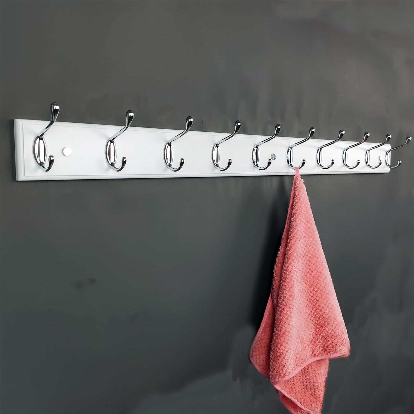 lomejii Long Wooden wall Mounted Coat Rack Wood White 10 Hooks, 95 cm, Sturdy Silver Coat Hook Rack for Clothes, Hats, Bags