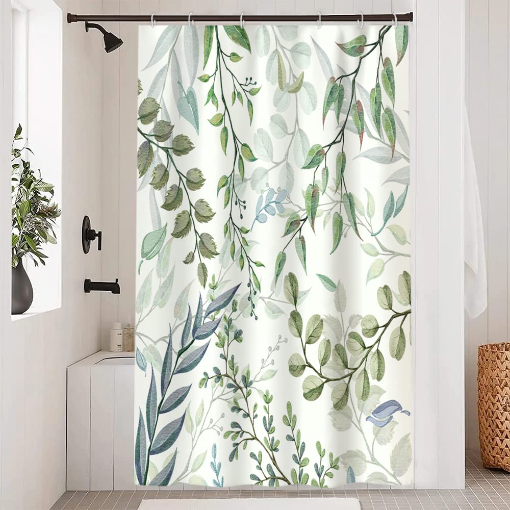 Uiiooazy Eucalyptus Shower Curtain, Green Blue Leaves Pattern Bath Curtain Mildew and Mould Resistant Waterproof Polyester Fabric Washable Opaque