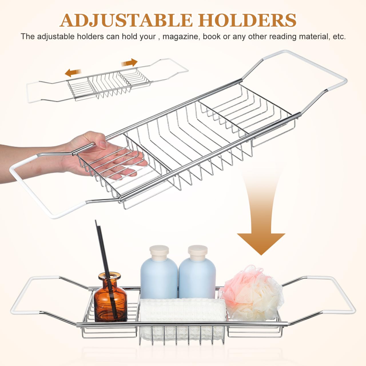 DOITOOL Adjustable Stainless Steel Bathtub Rack Expandable Bath Tray with Anti-Slip Holders for Books Phone and Wine Glass Bathroom Storage